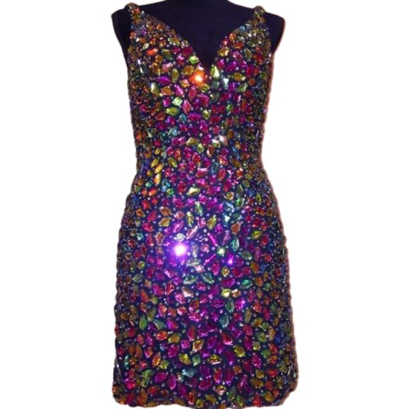 Luxurious Couture Multicolor Crystals Festive Party Prom Designer Holiday Dress - Picture 1 of 12